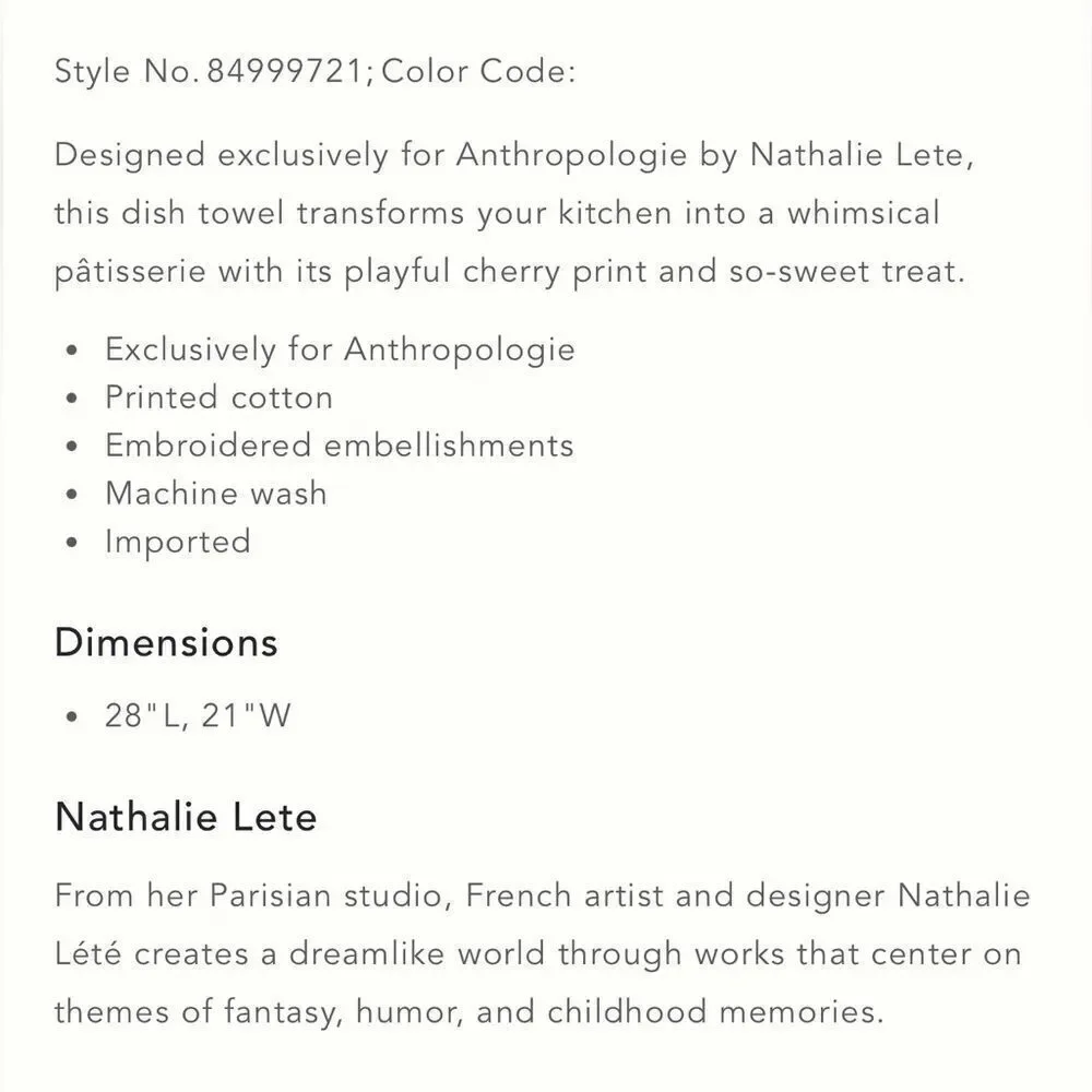 Nathalie Lete x Anthro La Patisserie Yummi Cherry Cupcake Print Dish Towel